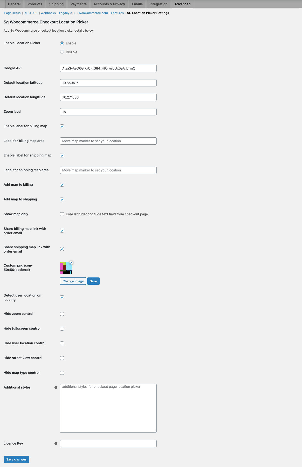 sg woocommerce checkout location picker settings page